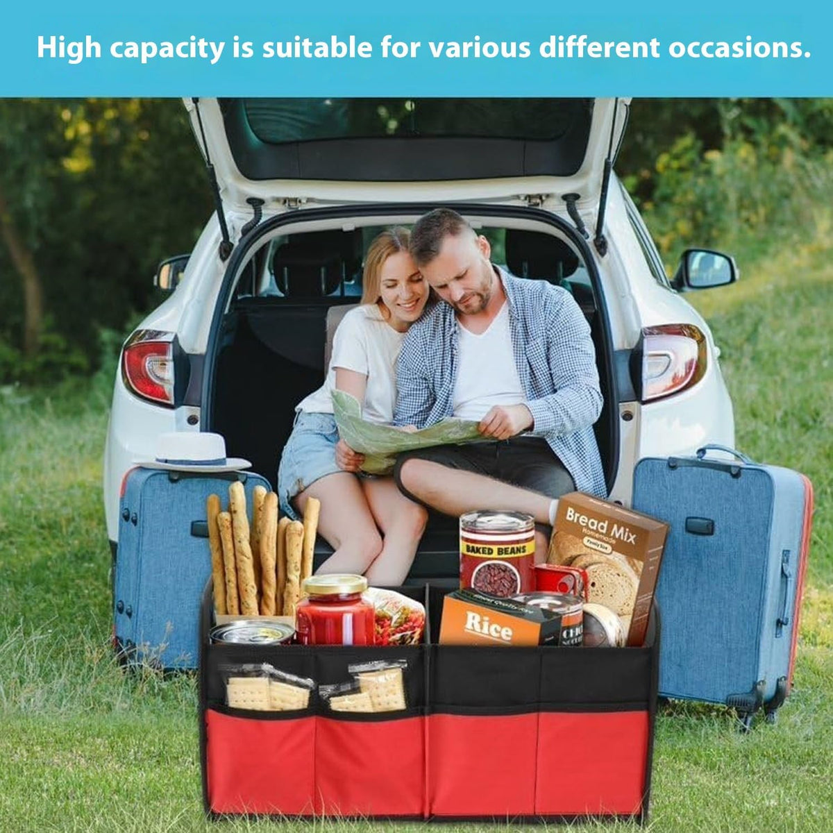 Car Trunk Storage Box, Collapsible Organizer, Foldable Trunk Storage Box with Multiple Compartments - Durable, Water-Resistant for Car Storage, Toys, Groceries and Emergency Gear