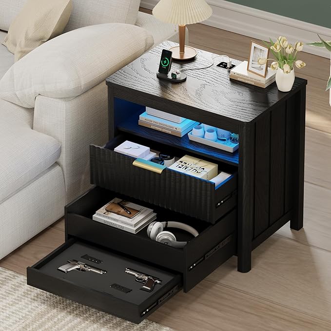 HNEBC Nightstand with Gun Drawer for Bedroom,Black Night Stand with Hidden Compartment, Auto LED Lighted, Charger Station, 2 Drawer, 23.6" Wider Bedside Table for Dorm,Sofa,Office