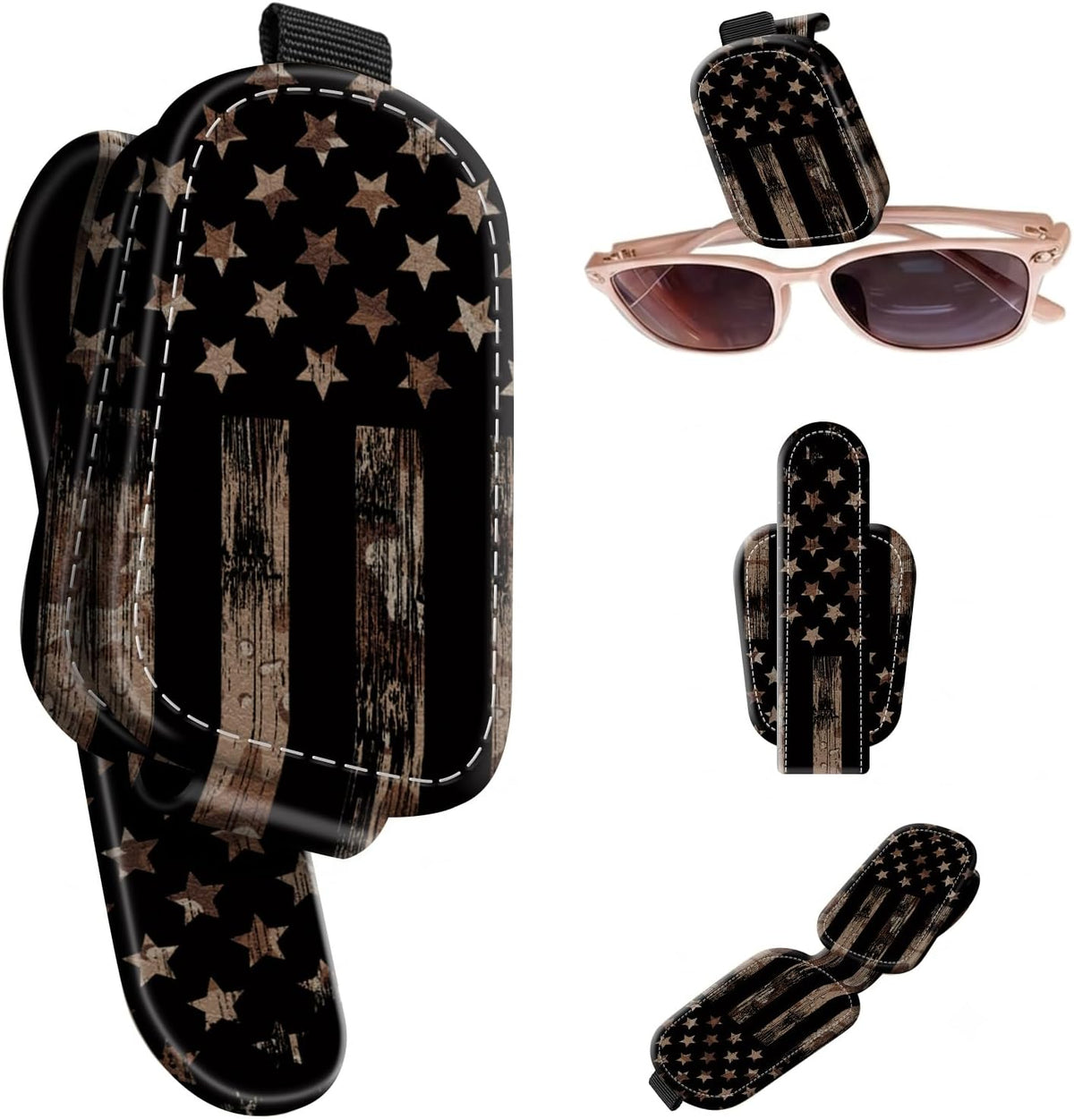 Sunglasses Holder for Car Visor, PU Leather Glasses Clip Organizer, Cute Magnetic Eyeglass Holder for Vehicle Sun Visor, Car Interior Accessory for Women & Men, Black American Flag