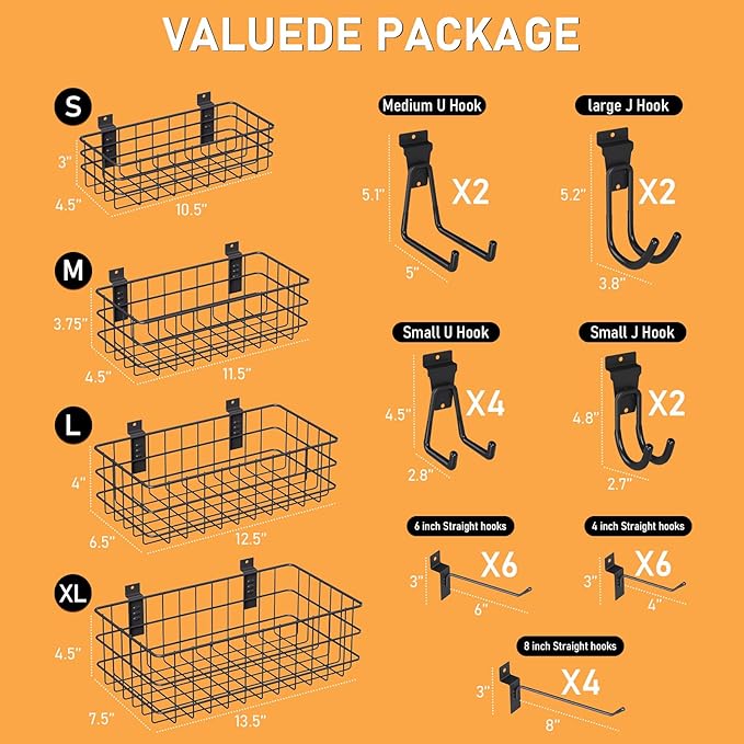 INCLY 30PCS Slatwall Accessories Set, Includes 4 Pack Ventilated Metal Wire Slatwall Baskets and 26PCS Multisized Heavy Duty Slatwall Hooks for Garage Organization Rooms Workshop Storage