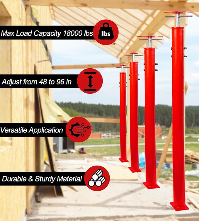 2 Pack House Jack Post Pole for Leveling, 48"-96" Adjustable House Floor Jacks, Support Joist Beam Brace Telescoping Jack Stands for Basements, Decks, Crawl Spaces, 18000 lbs Max Load Capacity