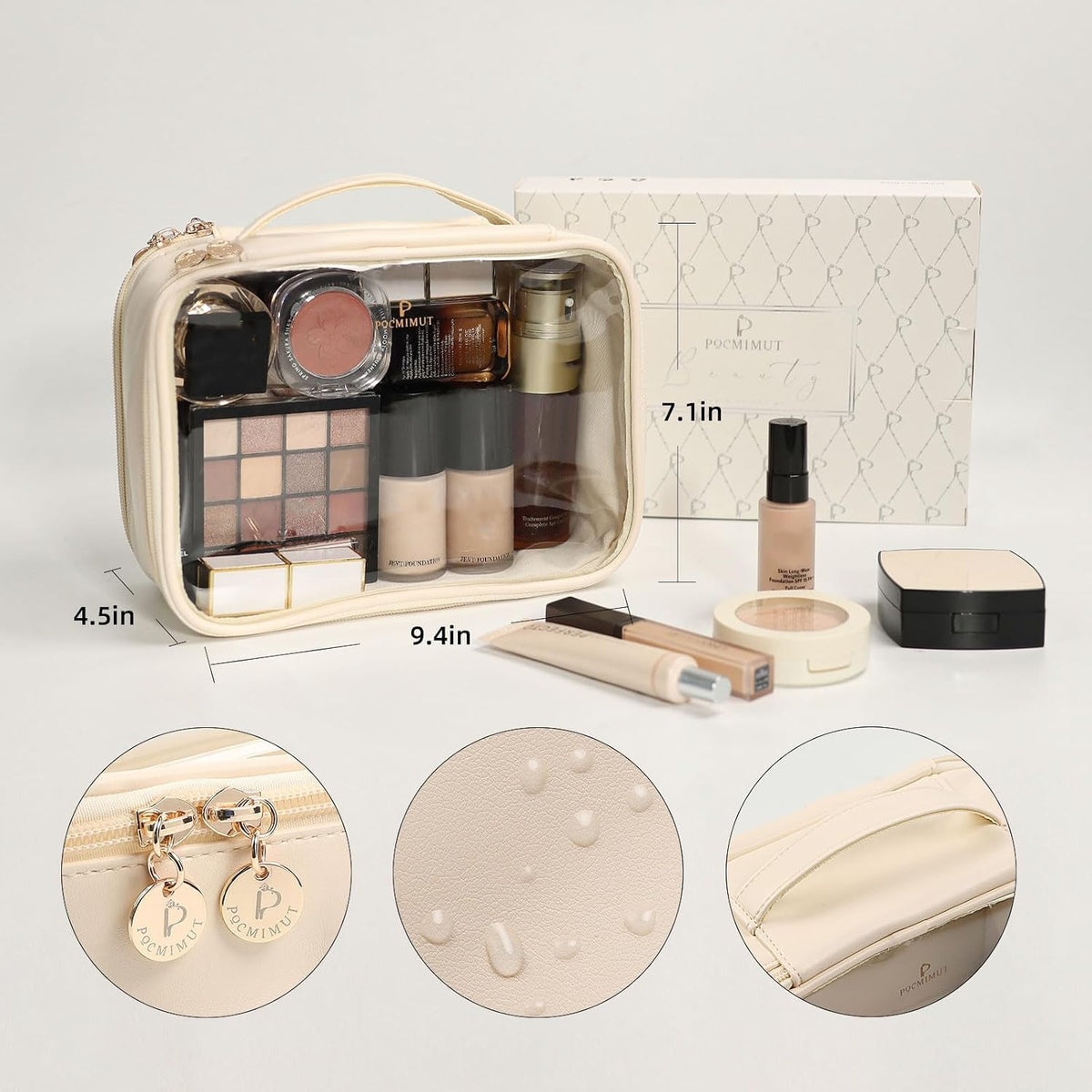 Pocmimut Clear Makeup Bag,Double Layer Large Cosmetic Bag with Makeup Brush Bag,TSA Approved Toiletry Bag Makeup Case Car Accessories Travel Essentials Organizers for Women,Begie