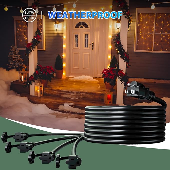 K KASONIC - 46FT Christmas Lights Outdoor Extension Cord with Mutil Outlets, ETL Listed Heavy Duty Electrical Cord with Protective Covers, Weatherproof Extension Cord for Outside, 16AWG/1625W, Black