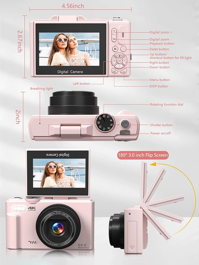 Digital Camera for Photography, 4K Vlogging Camera for YouTube 3" 180° Flip
