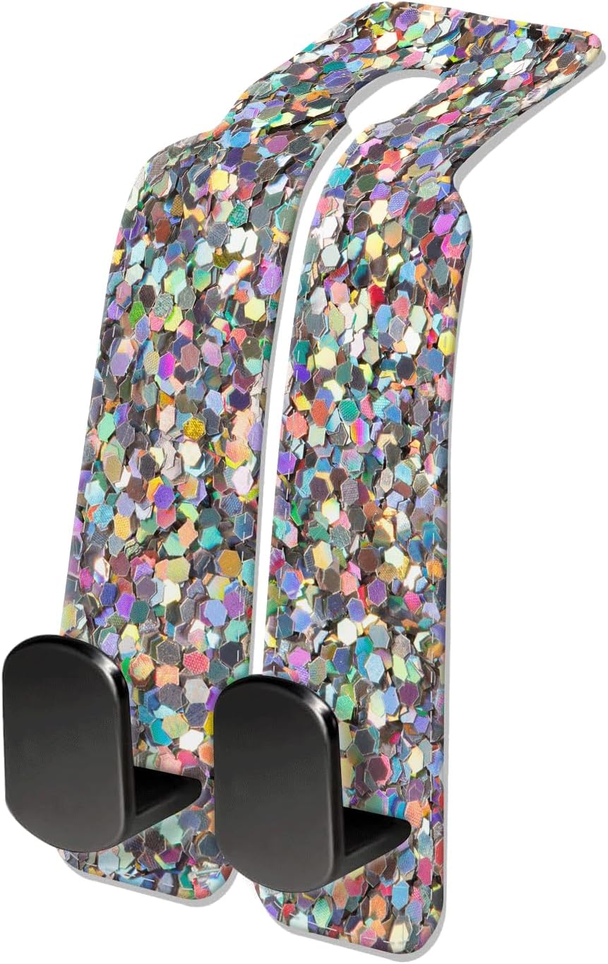 Car Seat Headrest Hook, Universal Leather Cute Hanger Holder Hook, Storage Organizer Interior Accessories for Purse Bags Handbag Glitter Colorful Pattern