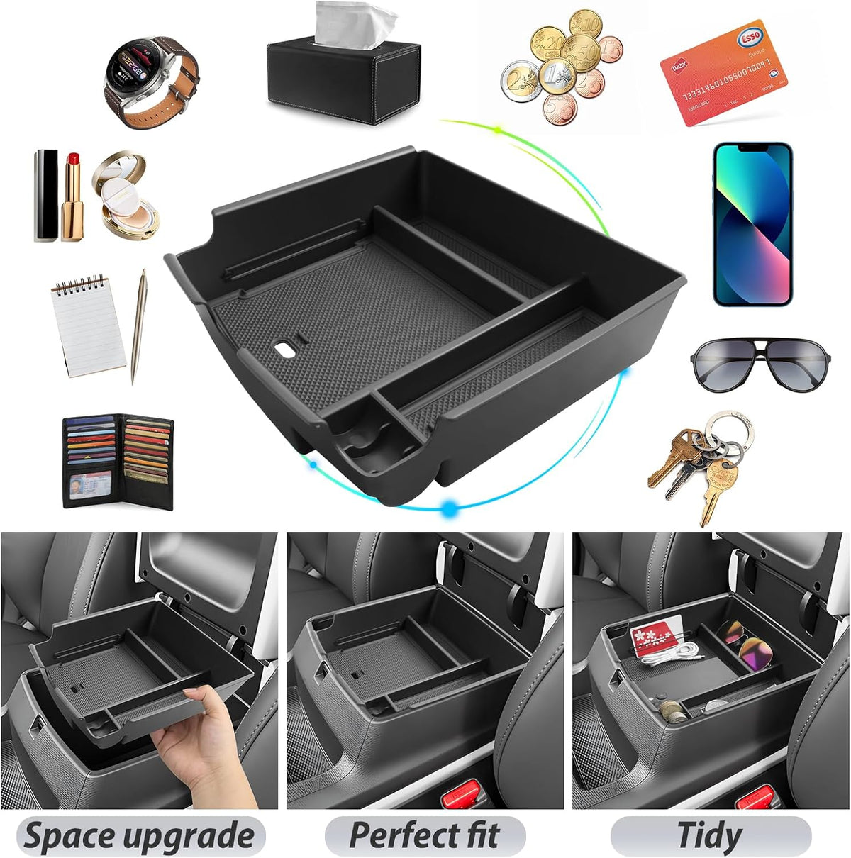 SKTU for 2025 2026 2027 Kia Carnival Center Console Organizer 2025-2027 Carnival (LX/LXS/EX/SX/SX Prestige) Console Tray Kia Carnival 2025 2026 2027 Accessories Armrest Storage Box with Coins Holder