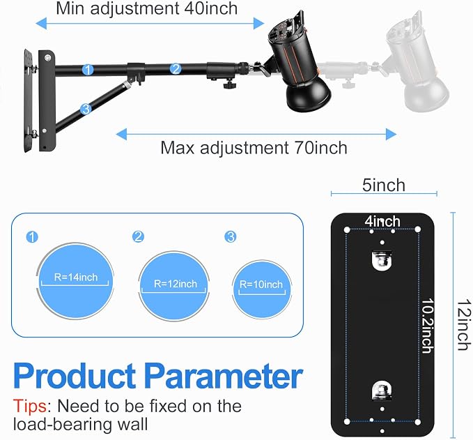 EMART Ring Light Wall Mount Boom Arm, Adjustable 71in/180cm Mounted Overhead