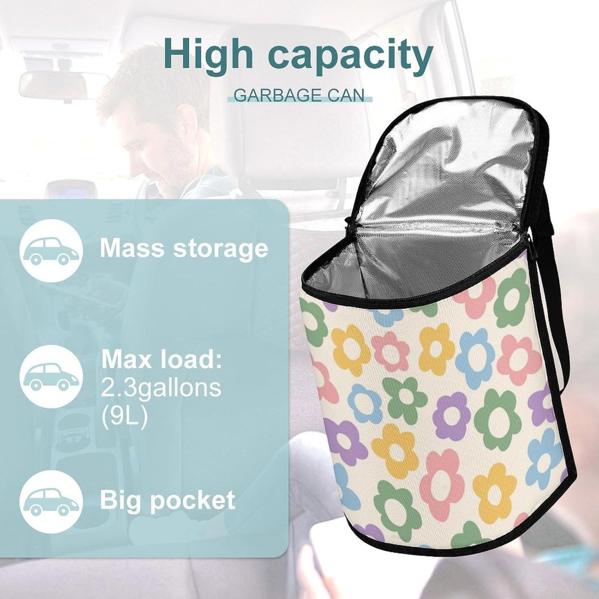 Waterproof Car Trash Can with Lid - 2.3 Gallon Leakproof Floral Auto Garbage Bag, Insulated Vehicle Hanging Organizer Bin, Cute Car Accessories for Women Road Trips (Pastel)