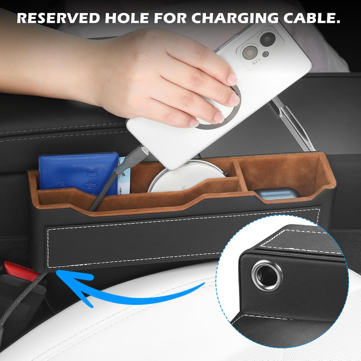 2-Pack Black Obsidian Car Seat Gap Filler - Premium Leather Wrapped Wood Organizer with Flocked Finish Universal Fit for Car SUV Truck Anti-Drop Console Side Storage Interior Accessories