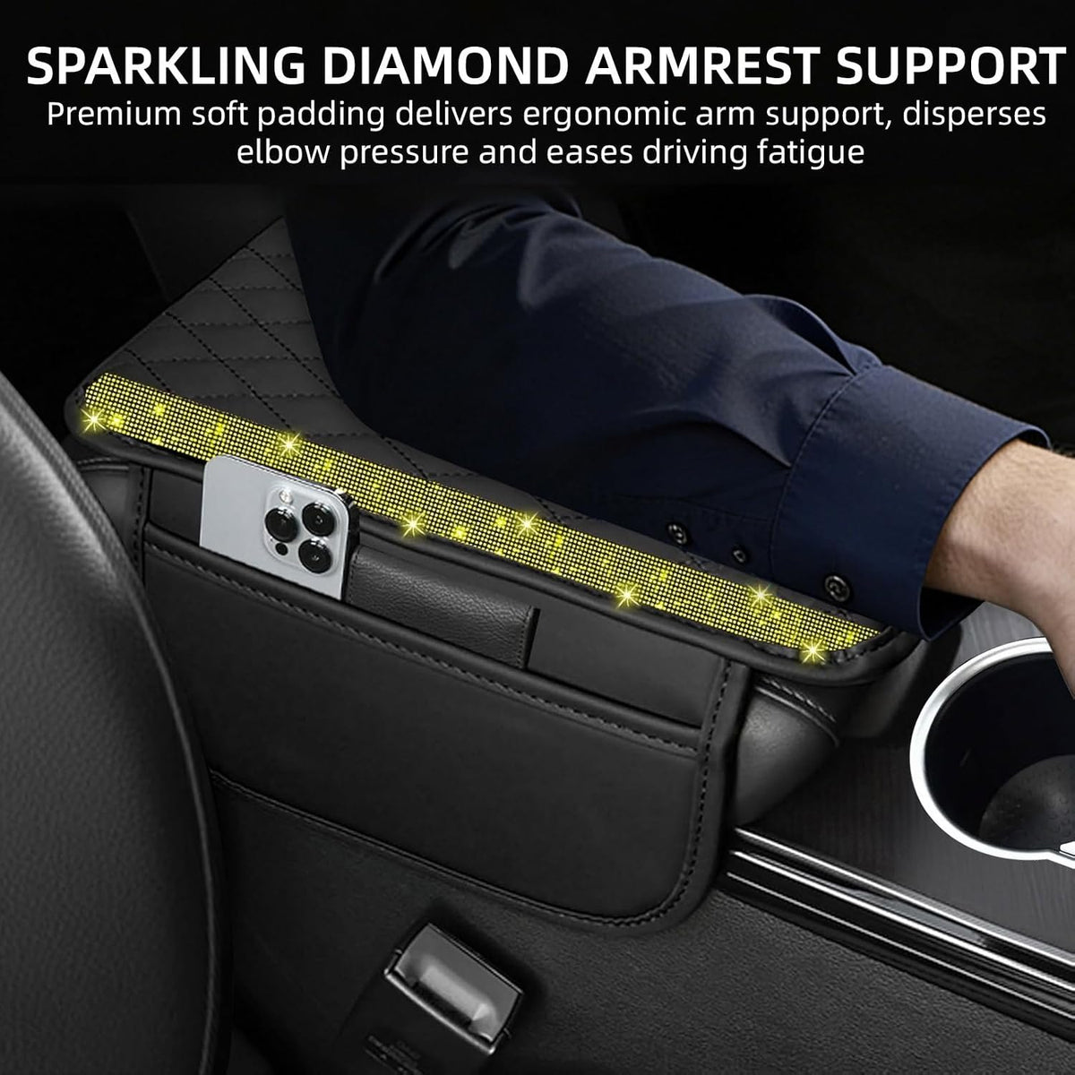 NBTEPEM Bling Car Center Console Cover, Leather Car Arm Rest Cover Cushion with 2 Storage Bags, Middle Console Cover Universal Armrest Protector Pads, Bling Accessories for Most Vehicles (Yellow)