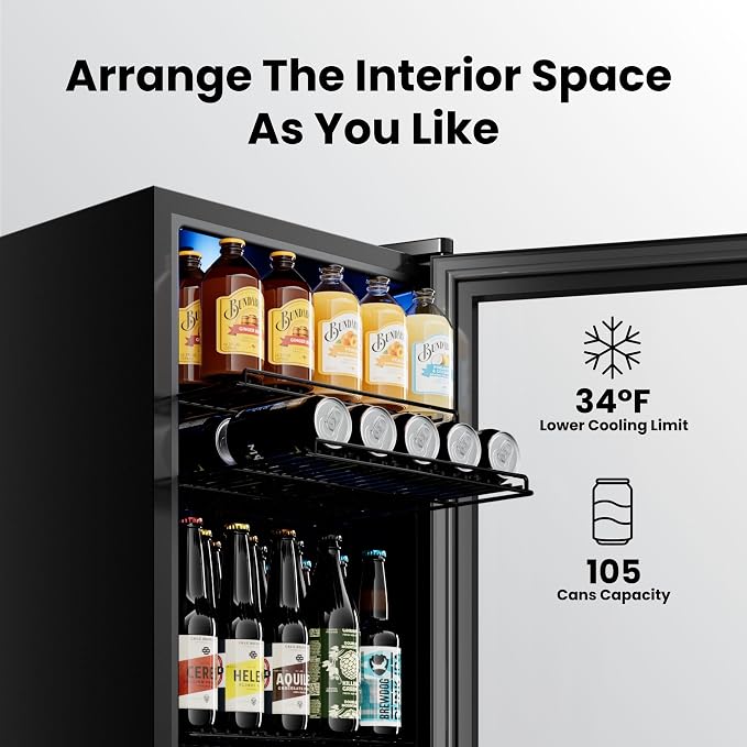 Yeego Beverage Refrigerator Drink Cooler, 105 Cans Mini Fridge Glass Door | Soda Wine Beer Small Cooler, 34°F To 54°F Digital Temperature Control, for Home Office Bar, Adjustable Shelves, Black