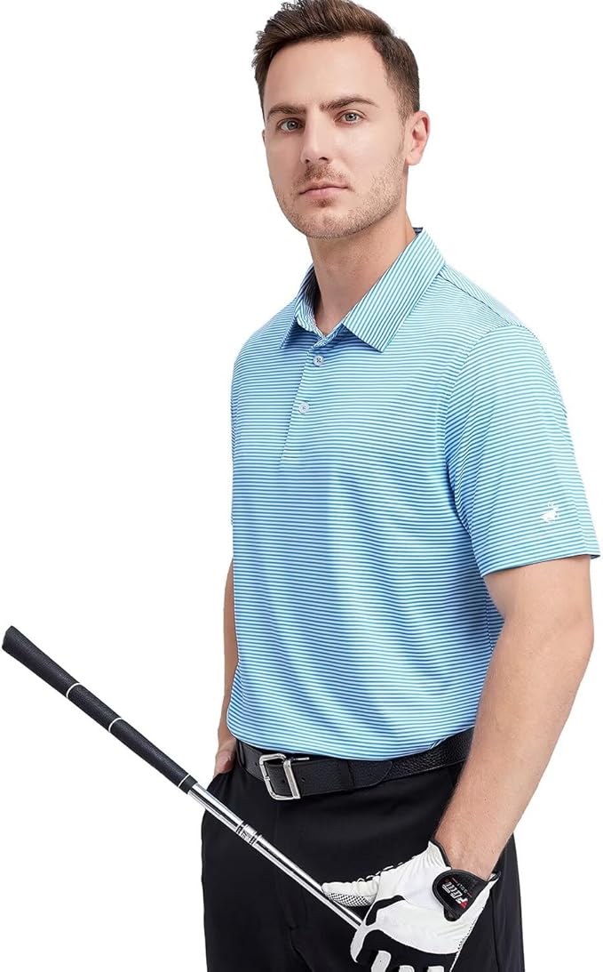 Mens Golf Shirt Moisture Wicking Dry Fit Performance Sport Short Sleeve Striped Golf Polo Shirts for Men
