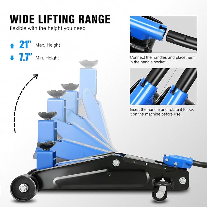 DNA Motoring 3 Ton Low Profile Floor Jack, 3 tons (6000 lbs) Capacity Fast Lift Hydraulic Trolley Service/Floor Jack, 7.7 "-21" Lifting Range, Blue, TOOLS-00674-BL