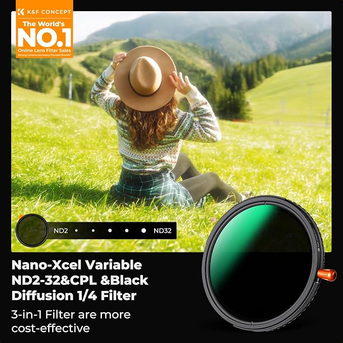 K&F CONCEPT 95mm Black Diffusion Mist Effect 1/4 & Variable ND2-32 & Circular