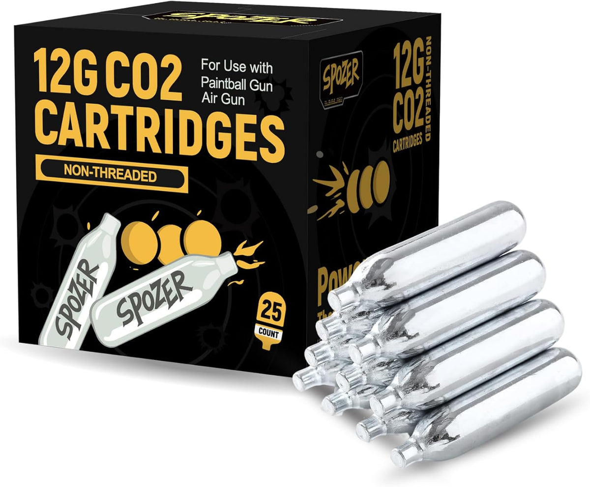 Spozer 12g CO2 Cartridges - 25 Pack, Non-Threaded Fit for BB Guns, Airguns, Paintball & More