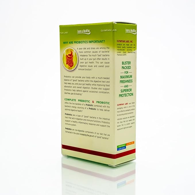 Olympian Labs Complete Prebiotic and Probiotic Supplement - 25 Billion Live Shelf Stable Cultures - 30 Vegetarian Capsules, Helps Restore The Natural Balance Within The Digestive Tract.