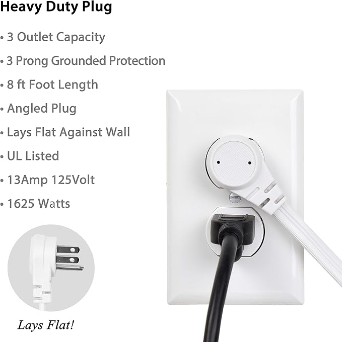 Flat Multiple Outlet Extension Cord 8 Ft for Indoor Use by Electes- UL-Listed 3-Prong Multi Extension Wire- Space-Saving Flat Angled Extension Cord- White