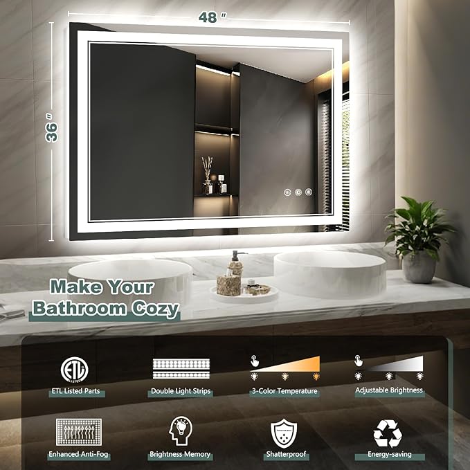 LED Bathroom Mirror with Lights: 48"x36" Wall Mounted Large Lighted Mirrors Fogless, Anti-Fog,Dimmable,Memory Function, Shatterproof Tempered Glass, Espejos para Baños, ETL Listed