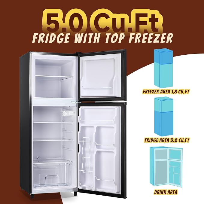 5.0 Cu.Ft Small Refrigerator with Freezer Double Door Mini Fridge Top Freezer Adjustable Temperature for Dorm Office Apartment Black