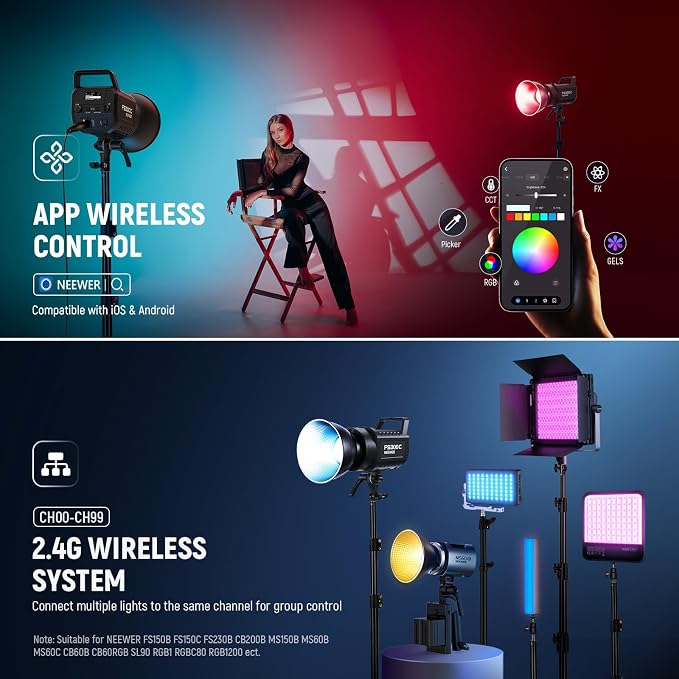 NEEWER 300W RGB LED Video Light APP/2.4G Control 17 Effects, 2500-7500K