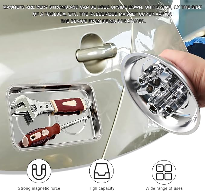 2 PCS Magnetic Parts Tray Set, Stainless Steel 4" Round Magnetic Trays, Mechanic Tool Tray Holder for Screw, Sockets, Bolts, Nuts, Small Metal Parts