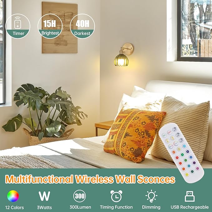 Vintage Battery Operated Wall Sconce with Green Tulip Glass Lampshade Rechargeable Battery Powered Wall Light with Remote Control for Bedside Bedroom Doorway