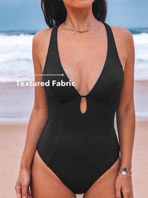 CUPSHE One Piece Swimsuit - Deep V Neck Keyhole Cutout Design | Textured Bathing Suit for Women