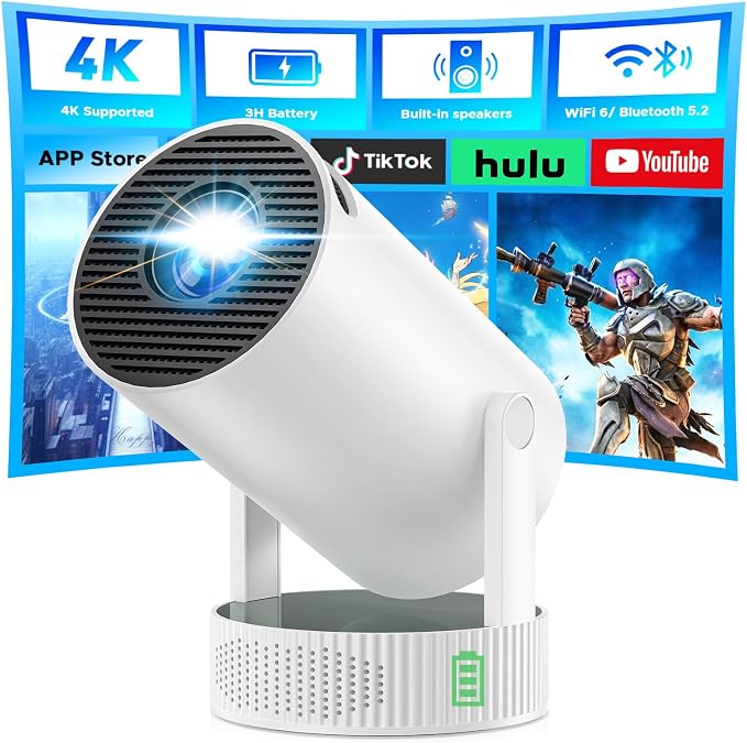 Mini Projector, Projector with Wifi and Bluetooth Built-in Battery 4K Portable Projector for Outdoor Bedroom, Smart Projectors 1080P Compatible with iphone/TV Stick/HDMI/Laptop