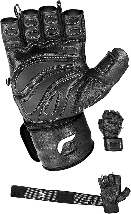 Elite Leather Gym Gloves with Built in 2" Wide Wrist Wraps Grip & Design for Weightlifting Power Lifting Bodybuilding & Strength Training Workout Exercises