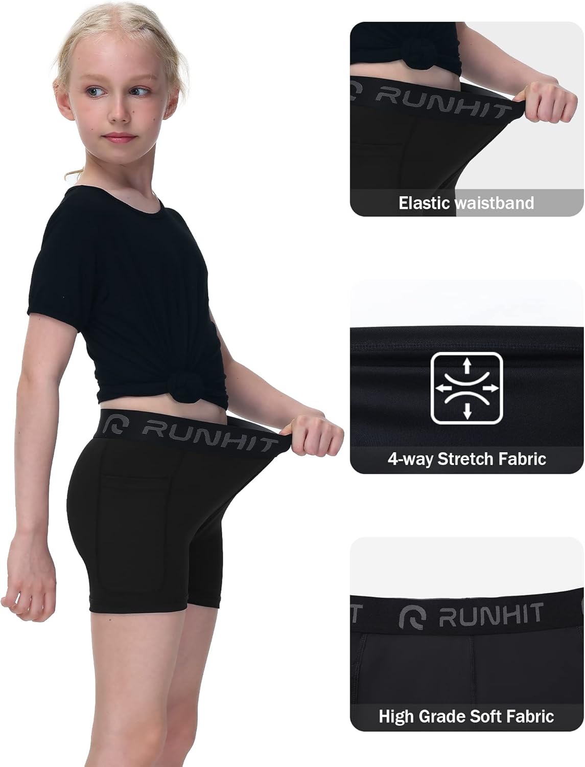 Runhit 4" Youth Girls Volleyball Shorts - Spandex Compression Biker Shorts with Pockets for Dance & Gymnastics
