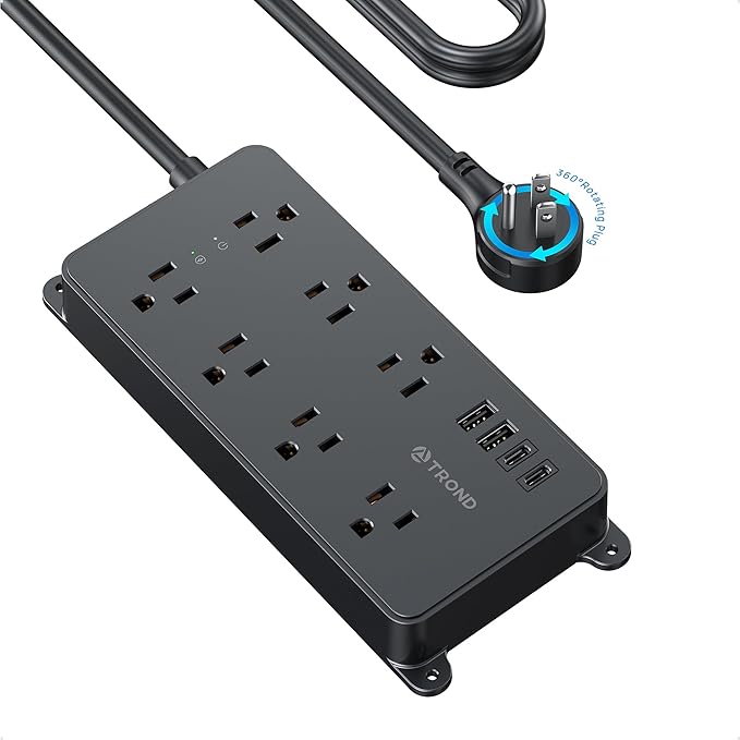 TROND 360° Rotating Plug Power Strip, ETL Listed, Flat Plug 10ft Extension Cord, 2 USB-A and 2 USB-C, Wall Mountable, 7 Widely-Spaced Outlets, 1700J Surge Protector, for Home Office, Black