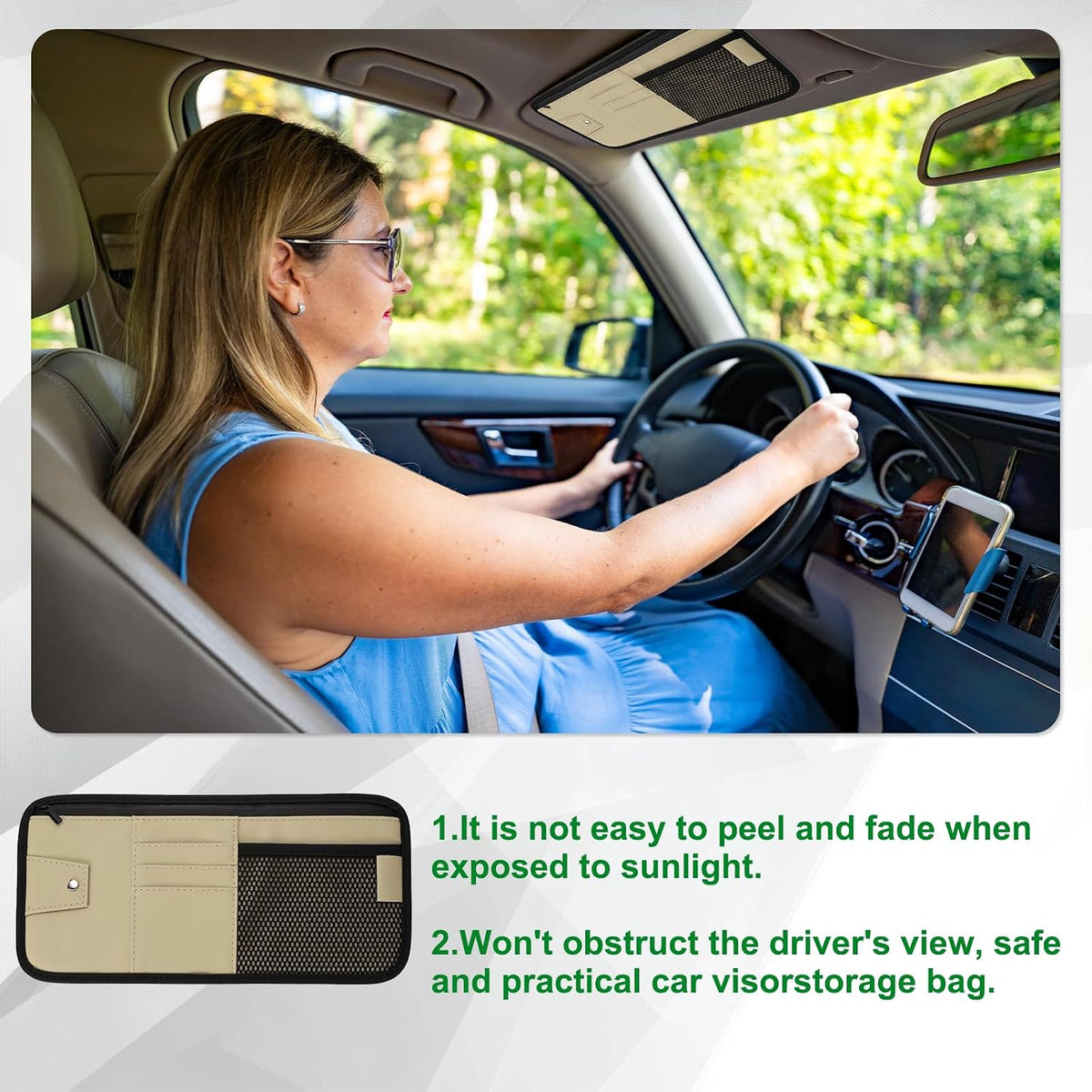 PATIKIL 1Pcs Car Sun Visor Organizer, 12.8 x 6.5 Inch PU Leather Vehicle Storage Pouch Holder for Sunglasses Card Pen Driver License Car Accessories, Beige