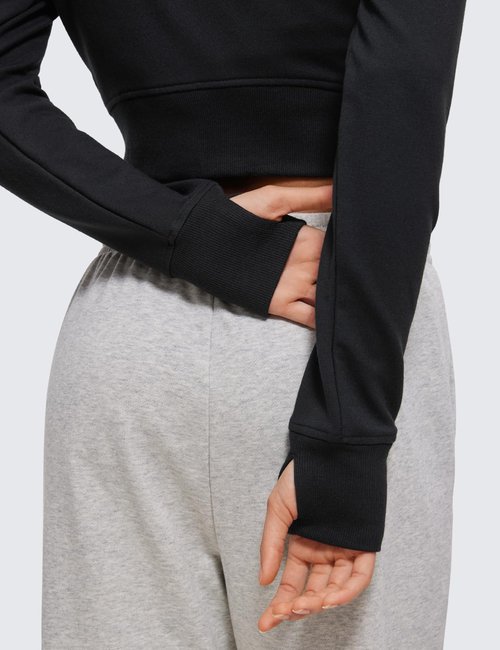 CRZ YOGA Women's Fleece Zip-Up Cropped Hoodie - Athletic Long Sleeve Jacket with Thumb Holes