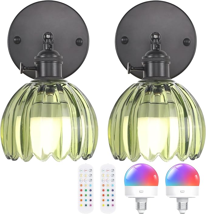 Vintage Battery Operated Wall Sconce with Green Tulip Glass Lampshade Rechargeable Battery Powered Black Wall Light with Remote Control for Bedside Bedroom Doorway, Set of 2