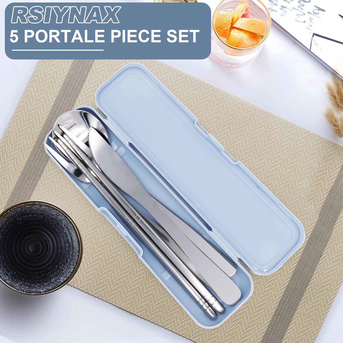 Rsiynax Portable Travel Utensils Set - Premium 304 Stainless Steel | 5-Piece Reusable Silverware in Silver