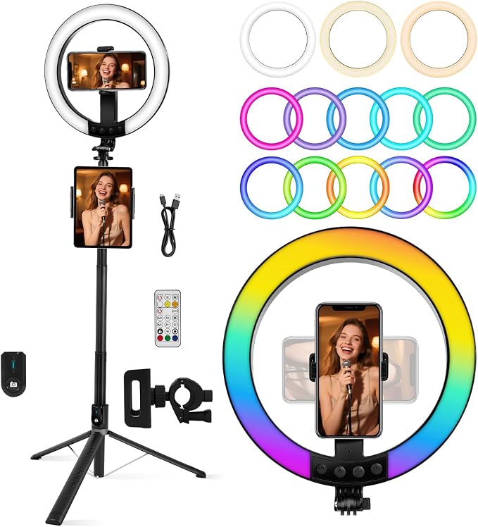 10" Ring Light with Stand 74'' Tall & Phone Holder, RGB Full Color Modes Selfie