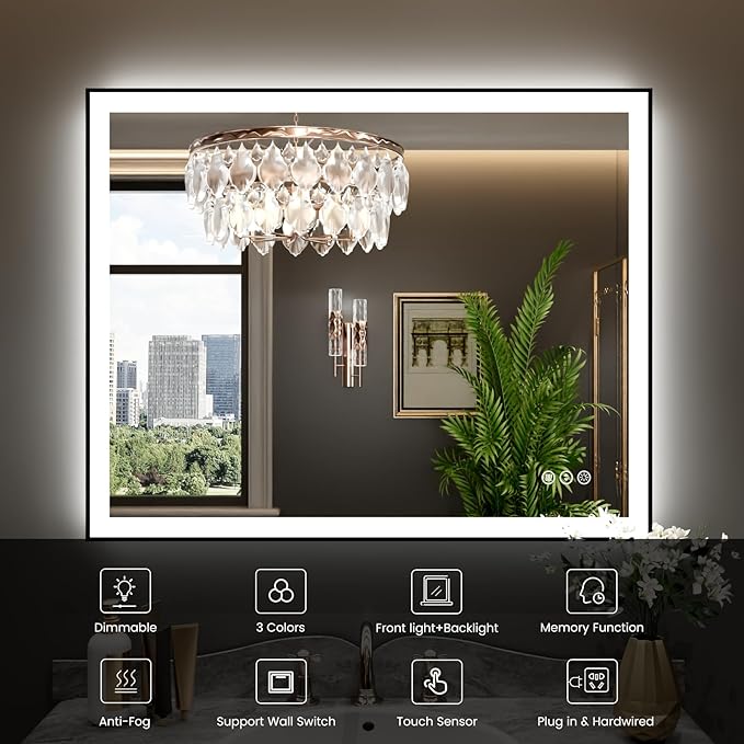 WTTY 40"X36" LED Bathroom Mirror with Black Frame, Bathroom Vanity Mirror with Lights for Wall, Front Light and Backlit, Anti-Fog, Dimmable, 3 Colors, Shatterproof, Memory, Horizontal/Vertical