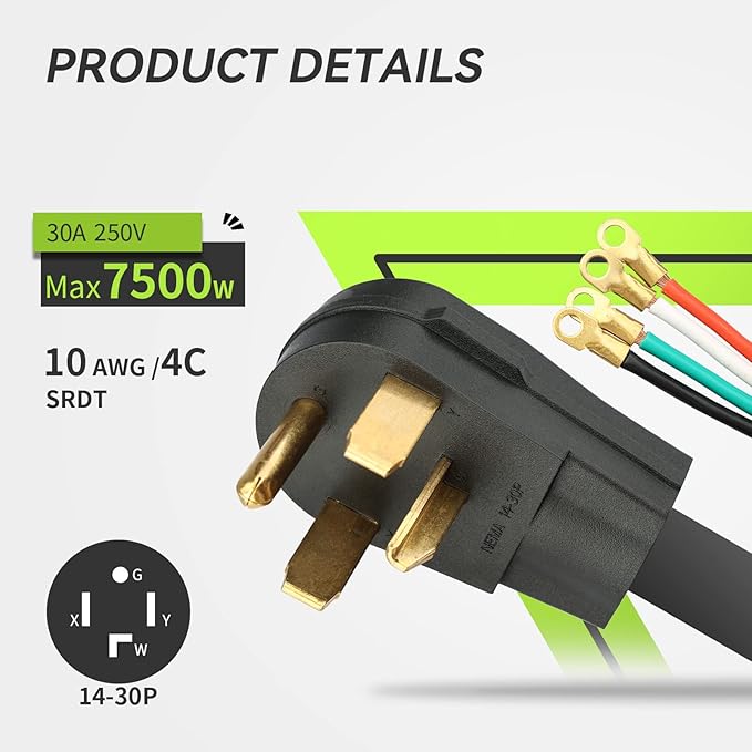 RVMATE 4 Prong SRDT Dryer Cord 10 Feet, 30 Amp Appliance Power Cord (NEMA 14-30P to 4-Wire), 4 Wires with O Ring Terminal Connectors, 100% Copper Wire Dryer Extension Cord.
