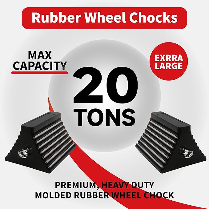 Heavy Duty Rubber Wheel Chocks with Eyebolt, Durable Rubber Made Tire Chalk Blocks, All-Weather, for Semi Trucks, Trailers, Cars, RVs or Other Heavy Equipments (2, Black)