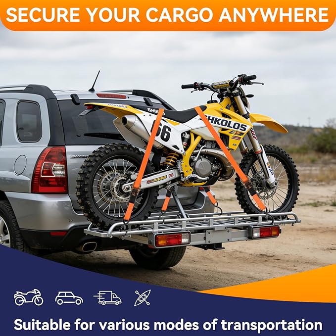 4 Pack Ratchet Straps Tie Downs Heavy Duty 1500 LBS Break Strength, Orange Tie Down Straps with S Hooks and Safety Clips, 4 Bungee Cords, Storage Bag for Motorcycle, Truck, Cargo, UTV, Trailer
