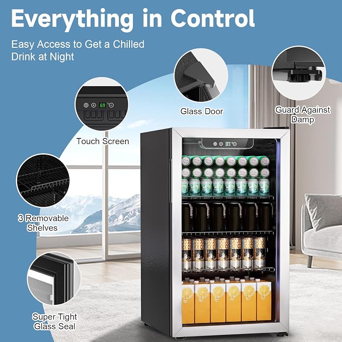 DOGHLY 105 Cans/3.0 Cu.Ft Beverage Refrigerator Glass Door Mini Fridge | Fast Cooling Mini Cooler with Adjustable Shelves for Soda, Beer, Wine, Low Noise Beverage Fridge for Home, Office,and Dorm