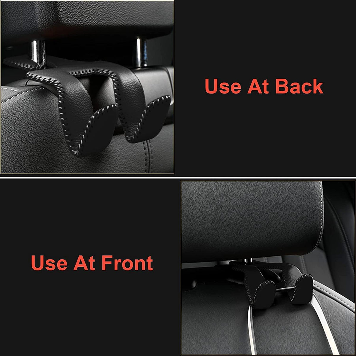 AMVOYOA Car Purse Hook, 2 in 1 Car Seat Headrest Hooks Durable Hanger Storage Holder Leather Organizer for Hanging Grocery Bags, 2 Pack, Brown