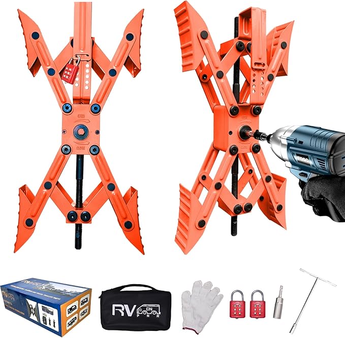 Camper X-Shaped Wheel Chock Stabilizer, 2 Sets RV Stabilizer Wheel Chock Scissor, X Chocks Wheel Stabilizer for Travel Trailer Tires Allow Drill Adjust with Hex Socket, Tool Kit and Password Locks-Red