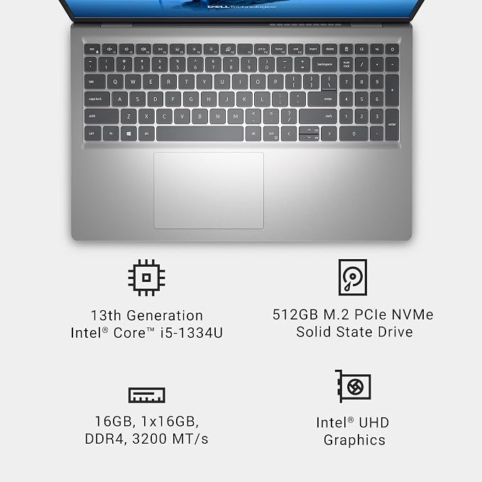Dell 15.6" Laptop DC15250, FHD, Intel Core i5 1334U, Windows 11 Home | 1920x1080 Display, 120Hz, Intel UHD Graphics, DDR4, 512GB SSD, Wi‑Fi 6, Bluetooth, Backlit Keyboard, Platinum Silver