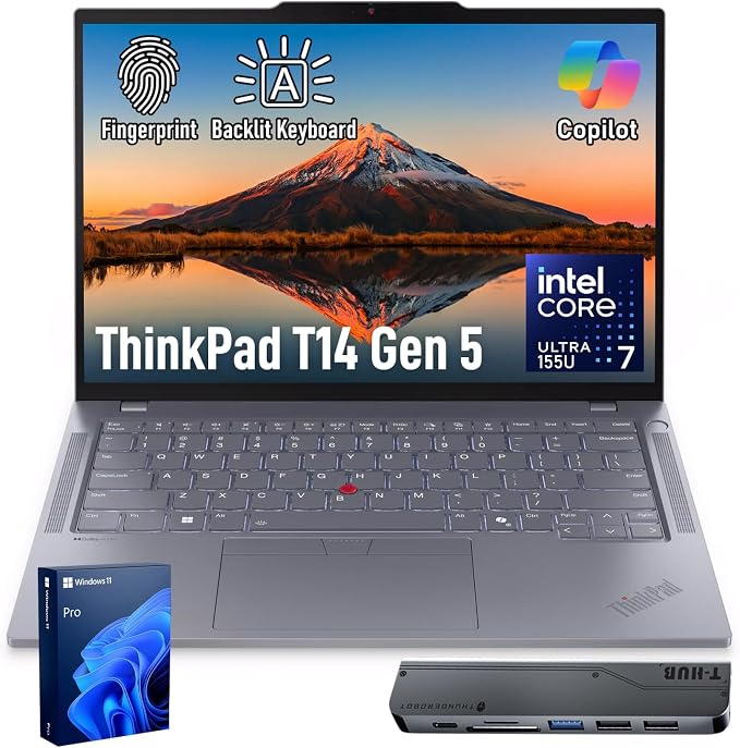 Lenovo ThinkPad T14 Business AI Laptop, 14" FHD+ IPS, Intel Core Ultra 7 155U, 16GB DDR5, 512GB SSD, 5MP Webcam, Fingerprint, Backlit, Wi-Fi 6E, Thunderbolt 4, Windows 11 Pro, 7-in-1 USB-C Hub Bundle