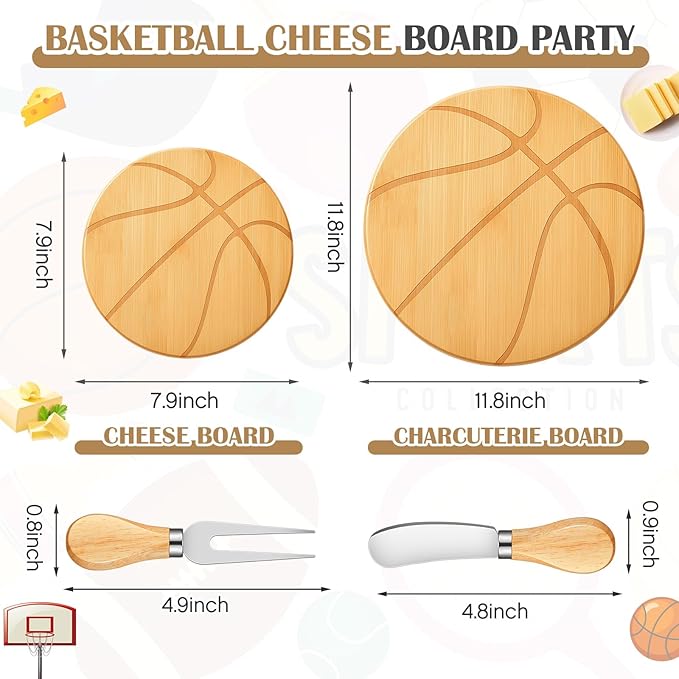 Basketball Cheese Board Gift Set Party Favor Prizes Charcuterie Wood Board with Knives and Box Father Day Gift for Dad Grandpa Party Tournament Game(Bamboo Wood, Basketball)