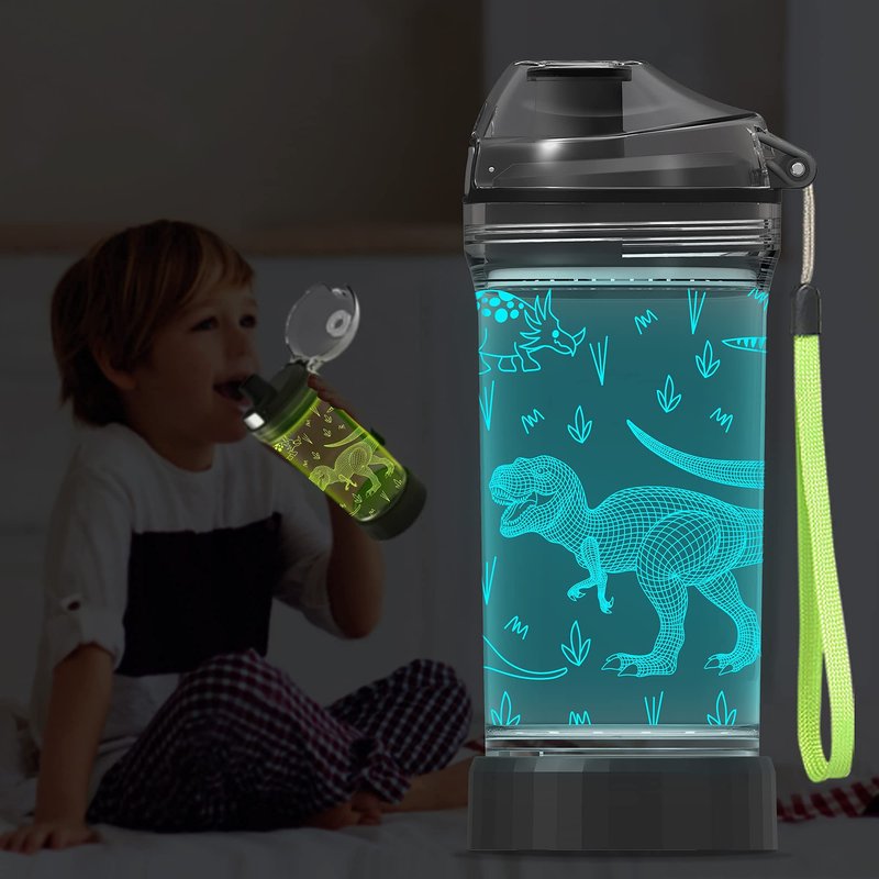 YuanDian Dinosaur Water Bottle, Light Up Boy Drinking Cups with 3D Dinosaur Night Light- 14 OZ Tritan BPA Free Eco-Friendly - Cool Jurassic Merchandise Gift for School Kids Boy Girl