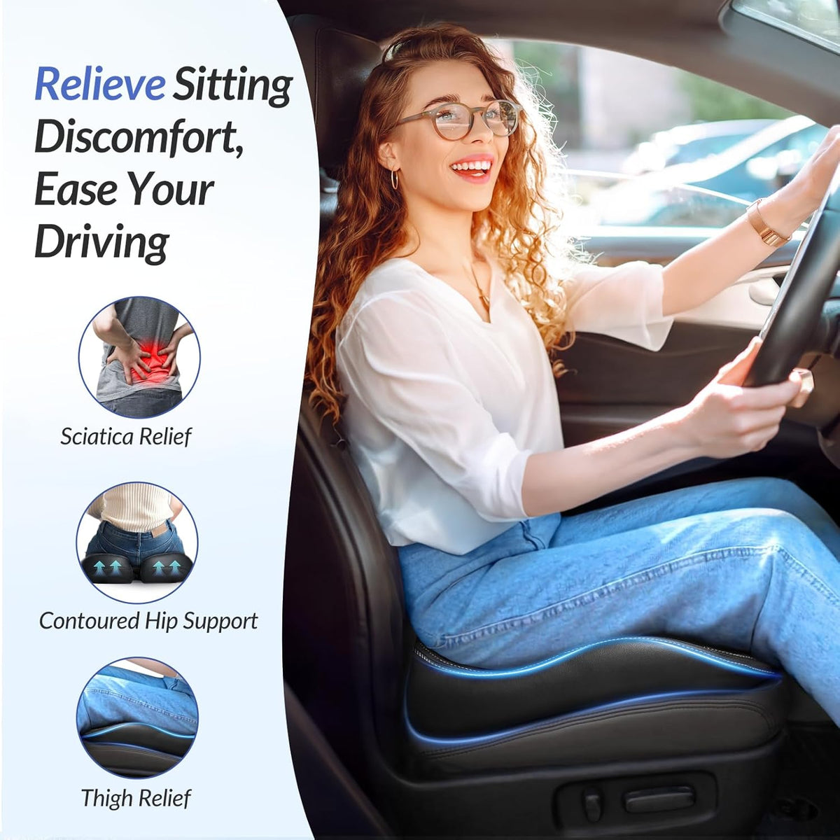 ZIKEE Car Seat Cushion with Memory Foam for Long Drive, Sitting Pain Relief, Ergonomic Seat Cushion for Car & Office Chair, Relieve Tailbone & Thigh Pain, Better Visibility, Rub-Resistant, Easy-Clean