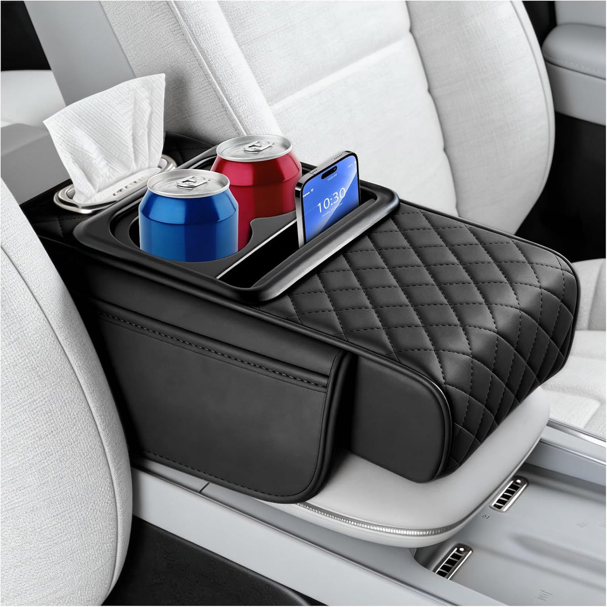 5-in-1 Car Center Console Cover,Leather Car Armrest Cover with Cup Holder/Storage Pocket/Phone Holder/Cars Tissue Holders,Thickened Cars Armrest Storage Box for Relieving Elbow Fatigue (Pink)