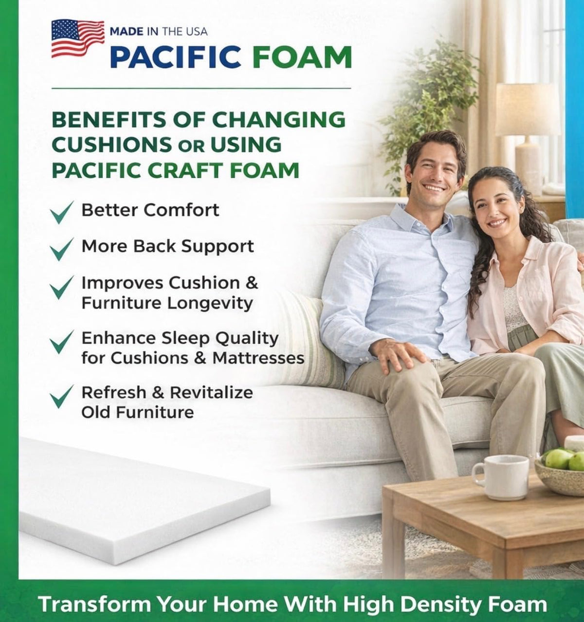 26" W x 30" L Upholstery Foam Cushion – High Density Firm Support Foam for Chair, Dining Chair & Wheelchair Seat Replacement (3" x 26" x 30")